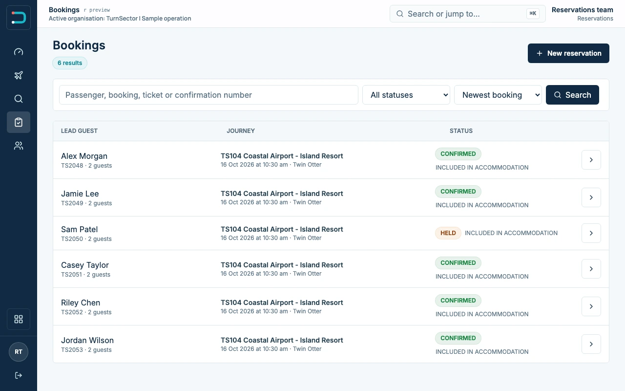 TurnSector bookings with sample guests
